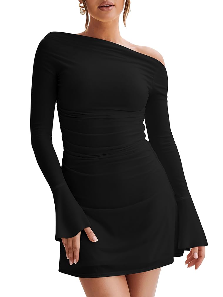 LAGSHIAN Women's Fall Long Sleeve Off Shoulder Trendy Ruched Stretch Bodycon Cocktail Party Flare Mini Dress Black - Image 1