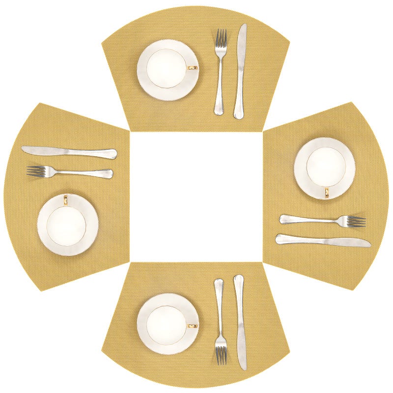 SHACOS Round Table Placemats Wedge Placemat Set of 4 Non Slip Heat Resistant Woven Vinyl Metallic Golden Table Mats Wipe Clean Indoor Outdoor 4 Gold