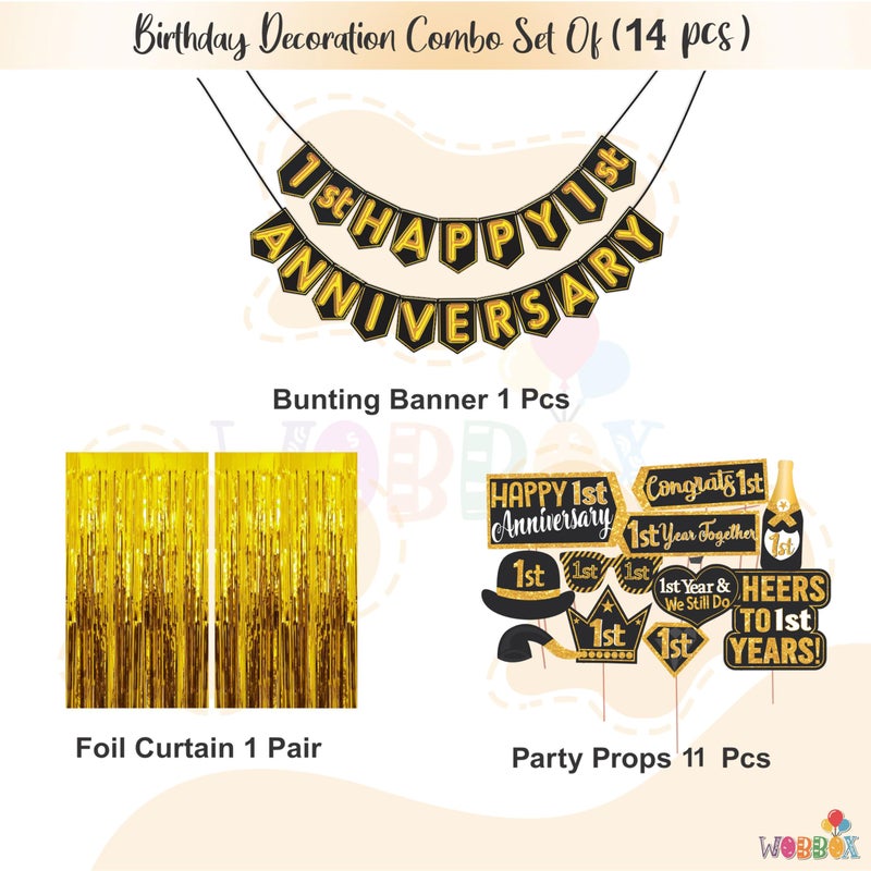 WOBBOX لافتة عيد ميلاد سعيد من ووبوكس باللونين الأسود والذهبي مع خط لامع للسنة الأولى مع أدوات حفلة عيد ميلاد سعيد وحافة من اللون الذهبي، عنصر زينة عيد ميلاد سعيد - Image 2