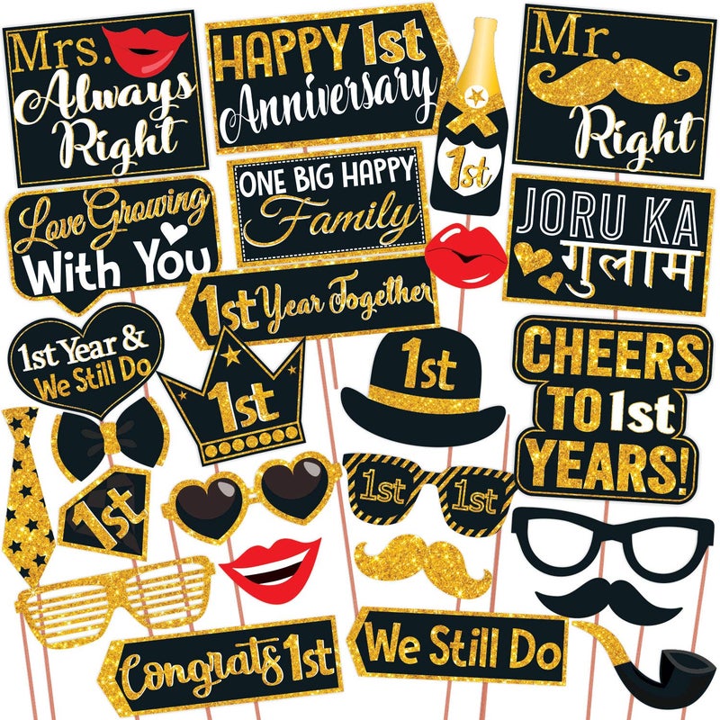 WOBBOX لافتة عيد ميلاد سعيد من ووبوكس باللونين الأسود والذهبي مع خط لامع للسنة الأولى مع أدوات حفلة عيد ميلاد سعيد وحافة من اللون الذهبي، عنصر زينة عيد ميلاد سعيد - Image 5