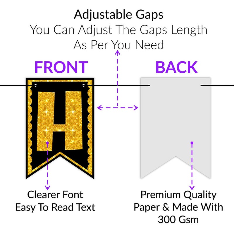 WOBBOX لافتة عيد ميلاد سعيد من ووبوكس باللونين الأسود والذهبي مع خط لامع للسنة الأولى مع أدوات حفلة عيد ميلاد سعيد وحافة من اللون الذهبي، عنصر زينة عيد ميلاد سعيد - Image 3