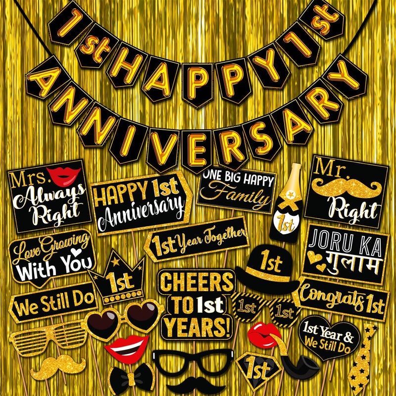 WOBBOX لافتة عيد ميلاد سعيد من ووبوكس باللونين الأسود والذهبي مع خط لامع للسنة الأولى مع أدوات حفلة عيد ميلاد سعيد وحافة من اللون الذهبي، عنصر زينة عيد ميلاد سعيد - Image 1