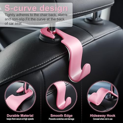 LivTee Car Seat Headrest Hook, Auto Seat Hook Hangers Storage Organizer Interior Accessories for Purse Coats Umbrellas Grocery Bags Handbag, 4-Pack - Pink - Image 2