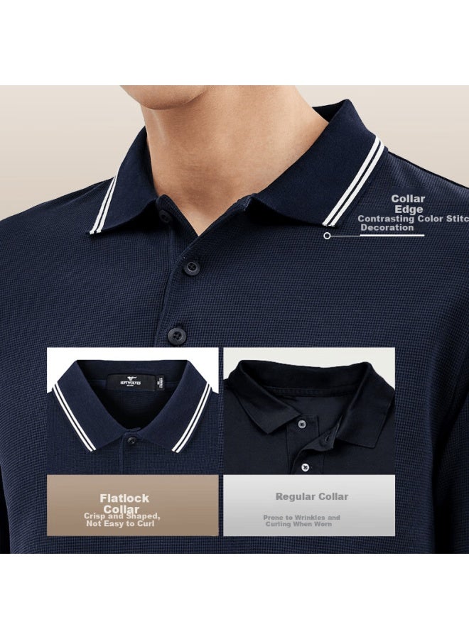 Septwolves Seven Wolves Men's Long Sleeve Polo Shirt Business Casual Waffle Knit Embroidered Wolf Logo Chest Pullover Shirt Men - Image 2