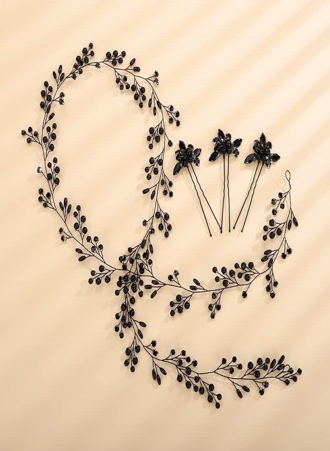 Rumtock Black Beads Hair Vine with Hair Pins Set for Wedding Brides Handmade Headband Jewelry - Image 3