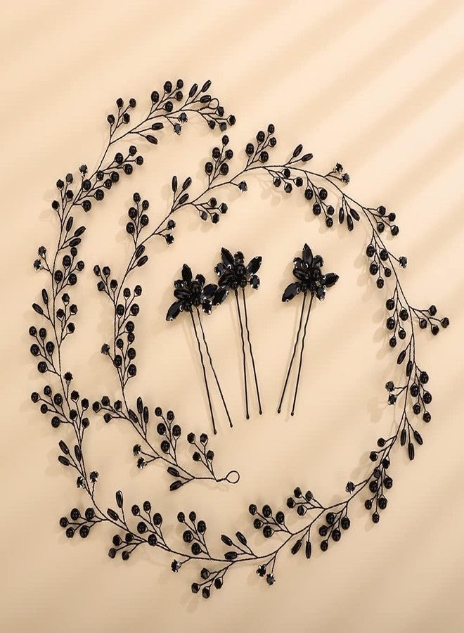 Rumtock Black Beads Hair Vine with Hair Pins Set for Wedding Brides Handmade Headband Jewelry - Image 1