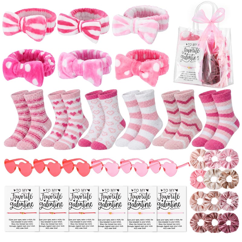 Berlune 6 Set 43 Pcs Galentines Party Gift Favors Sleepover Party Supplies Spa Slumber Include Fuzzy Socks Velvet Scrunchie Headbands Glasses Bracelets Card PVC Bags for Friends Women Girls BFF Bestie - Image 1