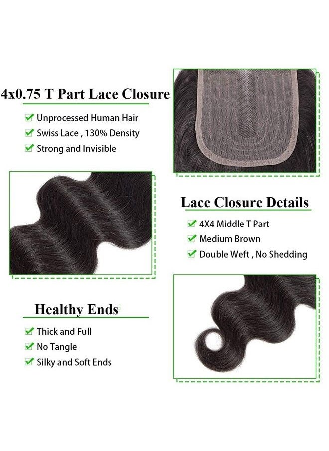 Amella Hair Body Wave T part Human Hair lace Closure Middle Part 100% Unprocessed Brazilian Human Remy Hair 4x0.75inch Lace Closure Can Be Dyed and Bleached Natural Black Color 10inch  - Image 4