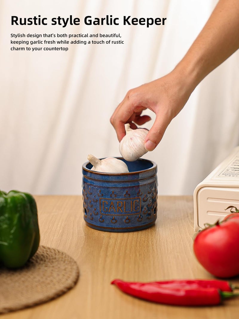GDCZ Garlic Keeper with Lid, Ceramic Garlic Holder Storage Container to Keep Your Garlic Cloves Fresh Longer, 4.3 Inch (Blue) - Image 5