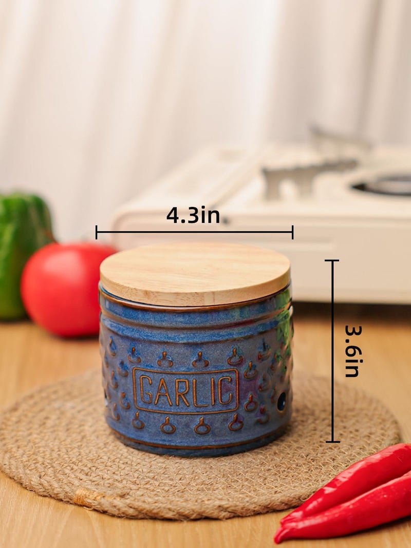 GDCZ Garlic Keeper with Lid, Ceramic Garlic Holder Storage Container to Keep Your Garlic Cloves Fresh Longer, 4.3 Inch (Blue) - Image 2