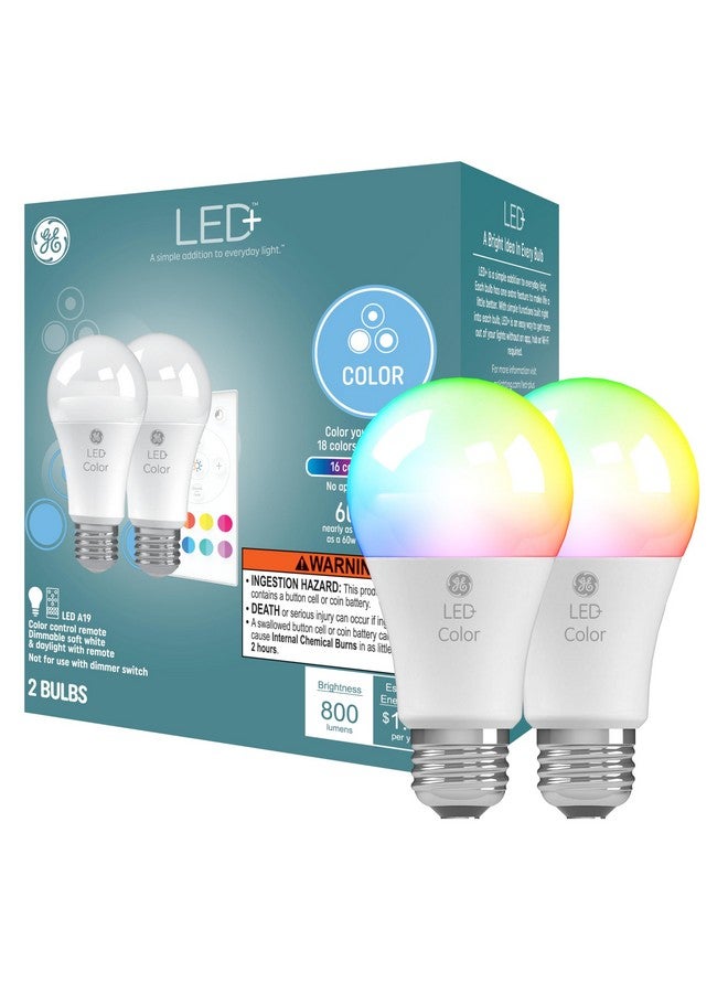 جي إي مصابيح LED متغيرة الألوان من GE LED+ مع جهاز تحكم عن بعد، لا تتطلب تطبيقًا أو اتصالاً لاسلكيًا، مصابيح A19، متوافقة مع معايير كاليفورنيا (عبوة من قطعتين) - Image 1