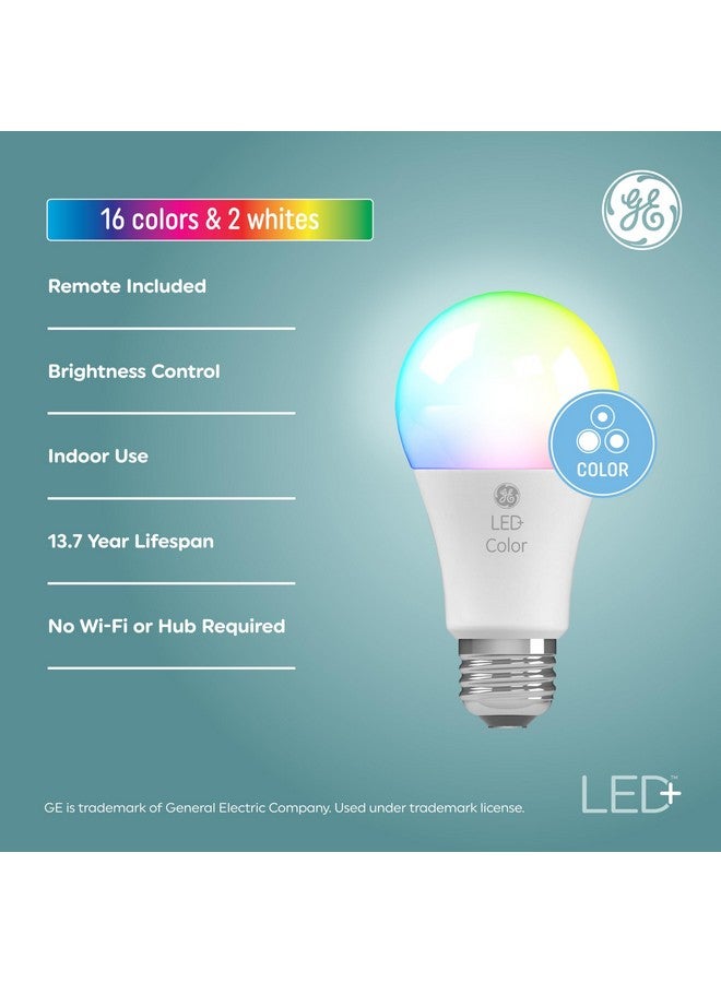 جي إي مصابيح LED متغيرة الألوان من GE LED+ مع جهاز تحكم عن بعد، لا تتطلب تطبيقًا أو اتصالاً لاسلكيًا، مصابيح A19، متوافقة مع معايير كاليفورنيا (عبوة من قطعتين) - Image 2