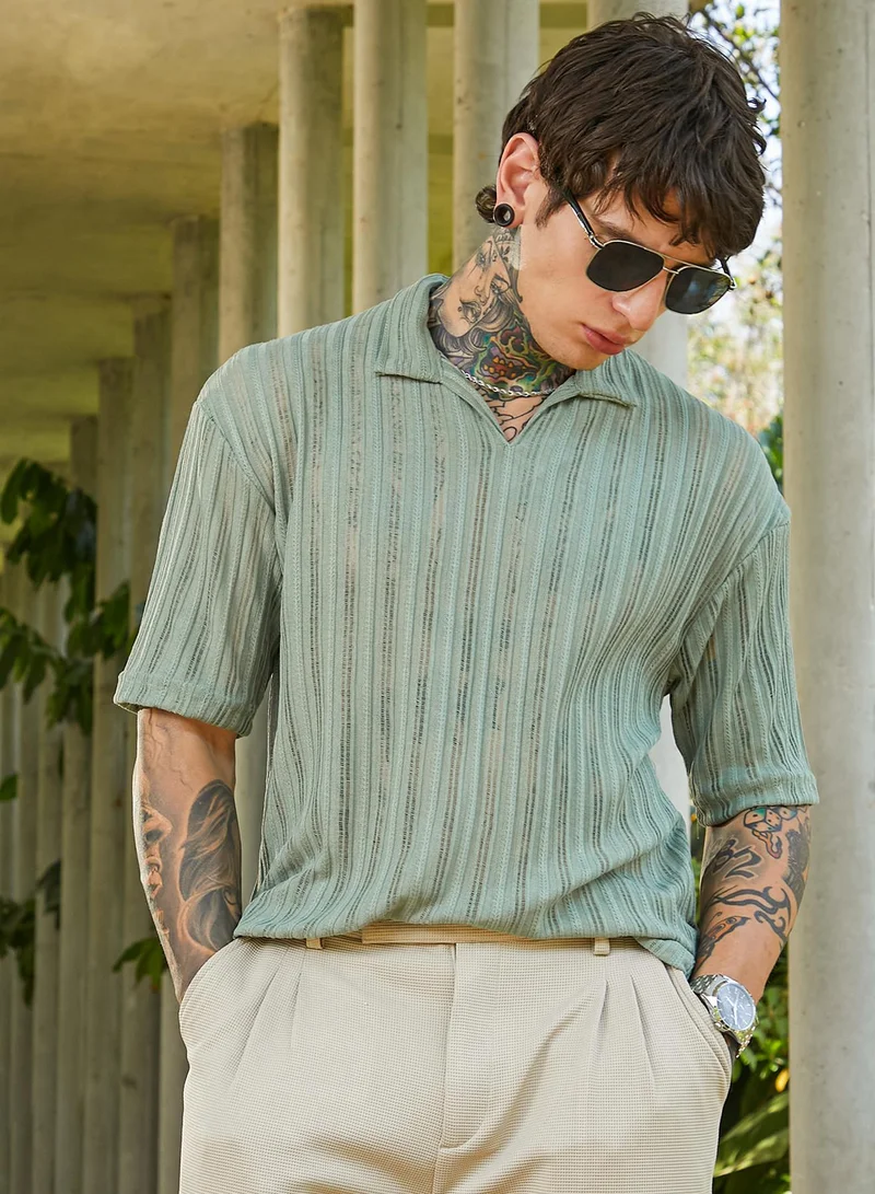 كامبوس سوترا تيشيرت بولو رجالي مريح مخطط باللون الأخضر المريمي