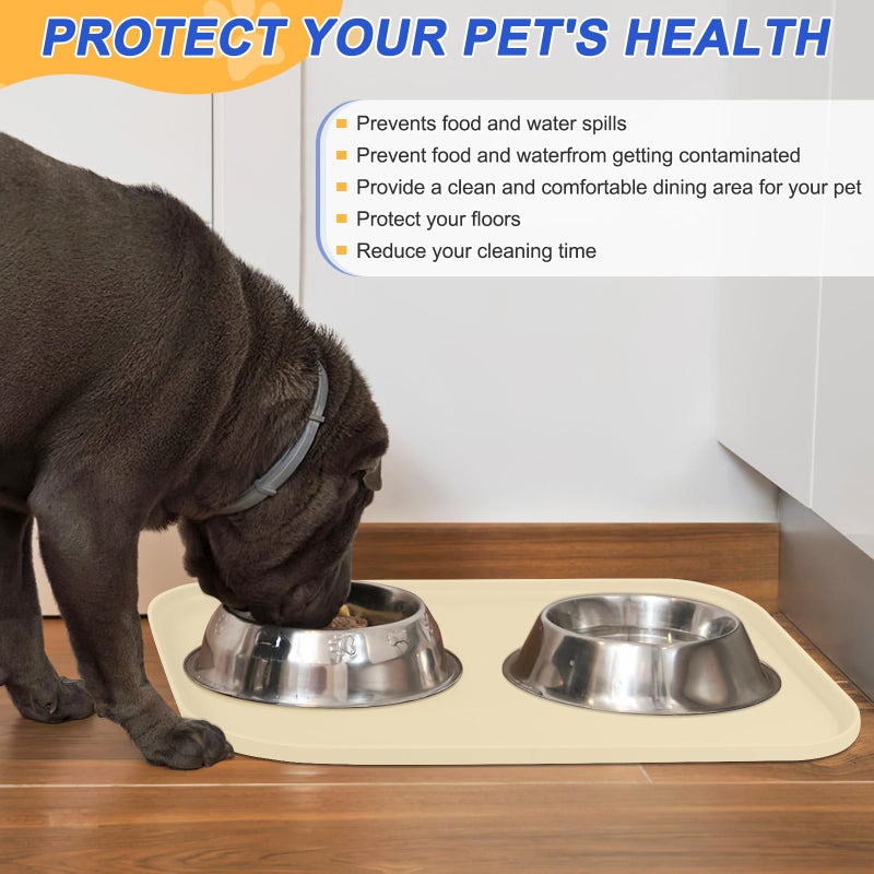 SMILOOL Silicone Pet Feeding Mat with Raised Edge for Food and Water, Dog Bowl Mats, Cat Bowls Placemat with High Lip for Floor Waterproof, Rubber Tray for Cats and Dogs 22 x 14 x 0.8 White Sand (Yellow Cast) - Image 5
