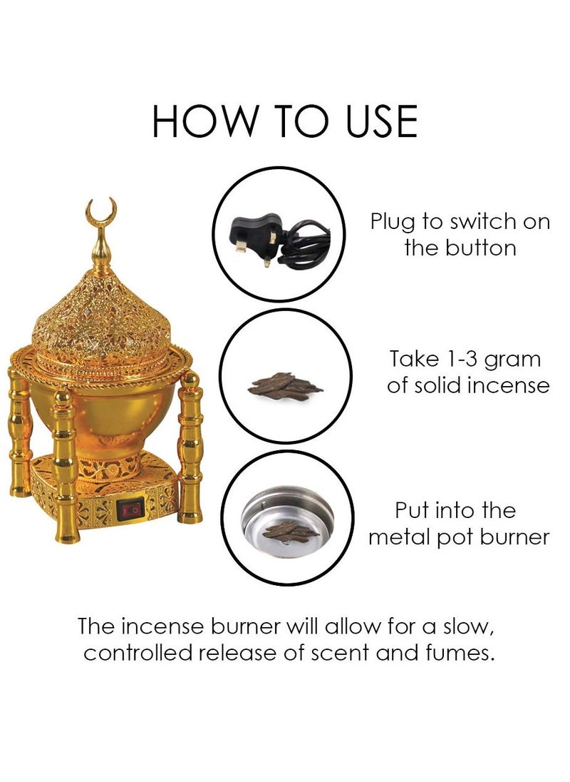 Bakhoor BoSidin Oud Incense Burner Electric Mabkhara Arabic Design Gold for Home Decore and Fragrance  - Image 2