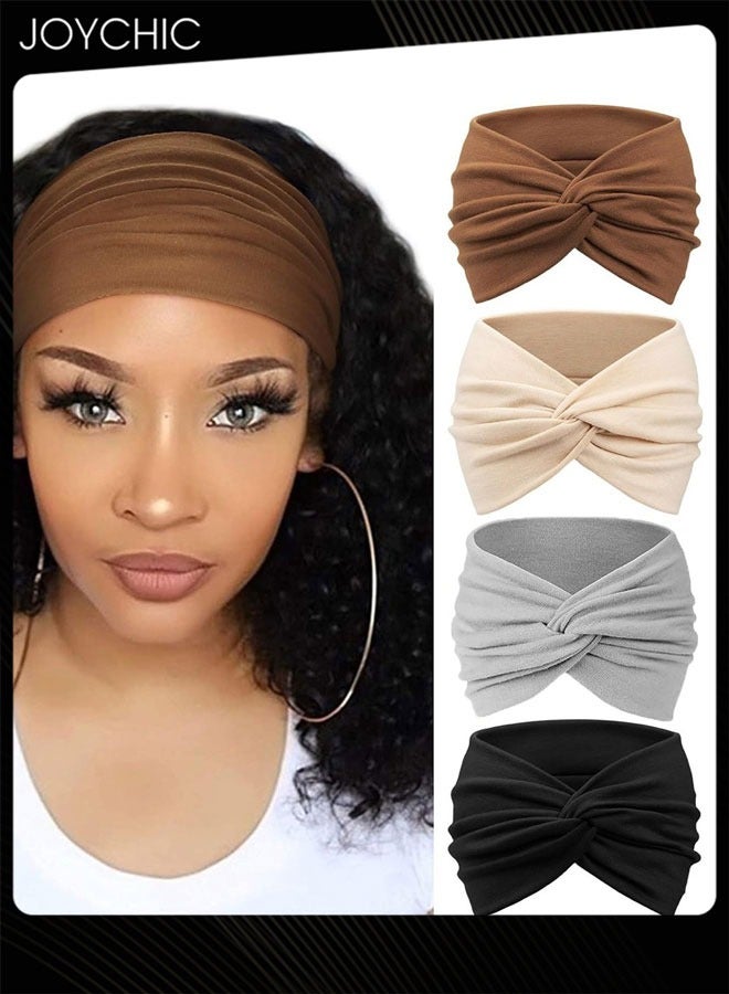 Joychic 4 Pcs Yoga Sport Hair Band Women's Wide-brim Cotton Elastic Head Wraps Knotted Hair Band Accessories - Image 1