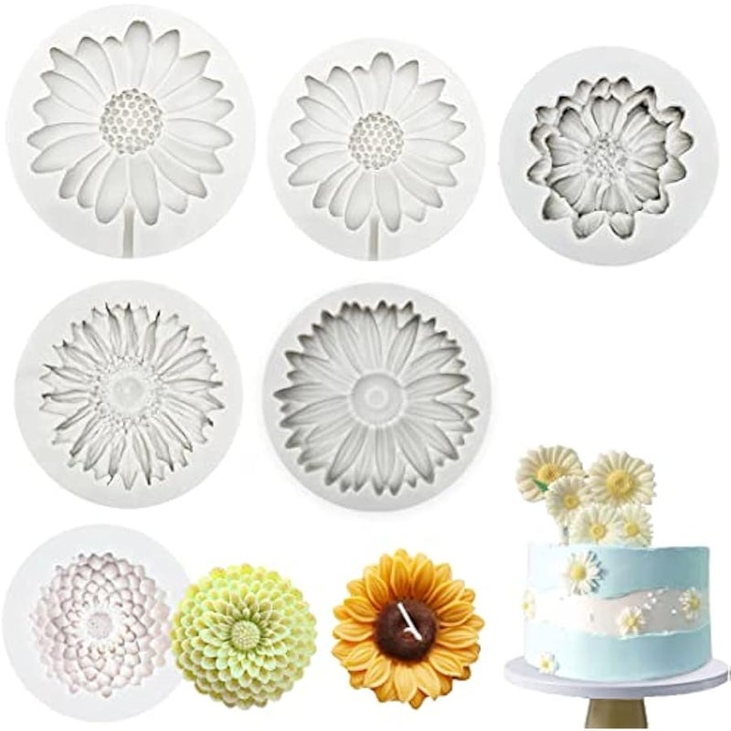 6 قطع من قوالب السيليكون ثلاثية الابعاد على شكل زهرة الاقحوان، قوالب خبز كيك فوندان على شكل زهور، قالب حلوى الشوكولاتة لحفلات استقبال المولود الجديد وتزيين الكيك والصلصال ومشاريع صناعة الصابون، 6 قطع - Image 1