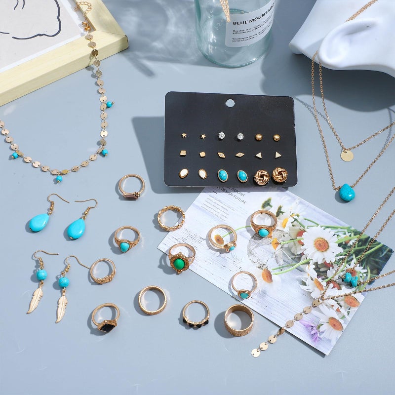 NEWITIN 54 Pieces Gold Jewelry Set for Women Bohemian Turquoise Jewelry Gold Plated Necklace Bracelet Ring Earrings Set for Women - Image 3