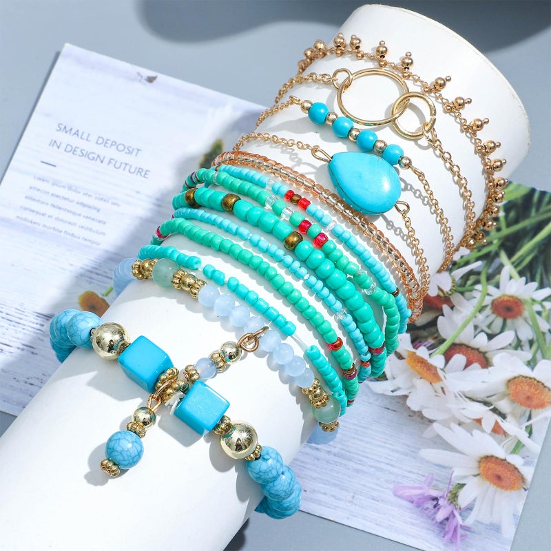 NEWITIN 54 Pieces Gold Jewelry Set for Women Bohemian Turquoise Jewelry Gold Plated Necklace Bracelet Ring Earrings Set for Women - Image 2