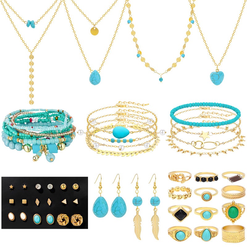 NEWITIN 54 Pieces Gold Jewelry Set for Women Bohemian Turquoise Jewelry Gold Plated Necklace Bracelet Ring Earrings Set for Women - Image 1
