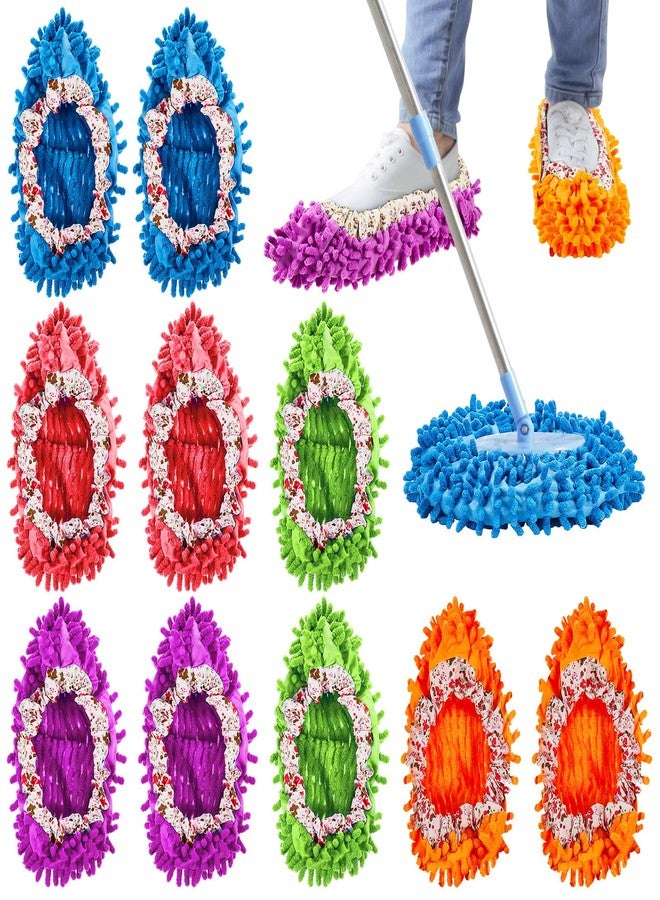 Toulite 10 Pcs 5 Pairs Mop Slippers Shoes for Floor Cleaning Washable Reusable Duster Slippers Microfiber Cleaning Socks for Men Women Sweeper Tools, 5 Colors - Image 1