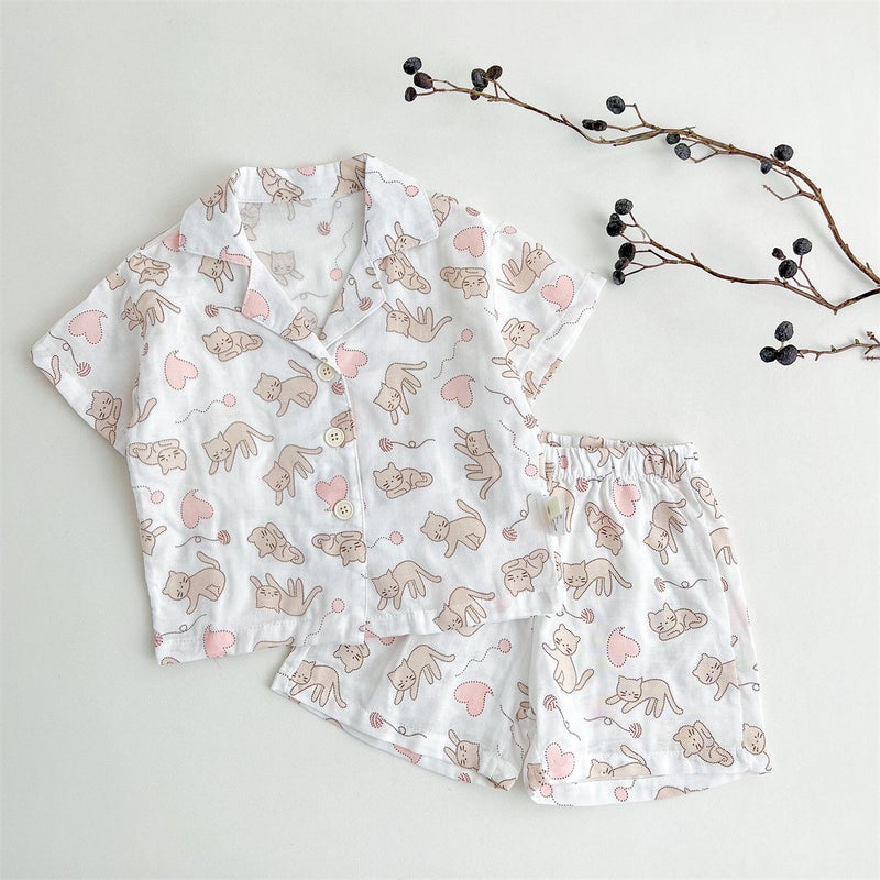 Childrens Pajamas Summer Class A Bamboo Cotton Parent-child Pajamas Short-sleeved Shorts suit Cardigan for Boys and Girls Home Clothes suit Love kitten 