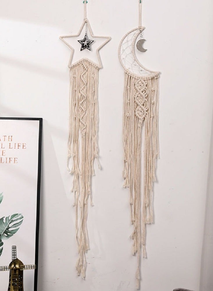 2pcs/ Set Star and Moon Macrame Wall Hanging Decor Handmade Woven Tapestry Tassel Wall Hanging Ornaments Boho Wall Hanging Apartment Room Home Office Room Gallery Decoration - Image 2