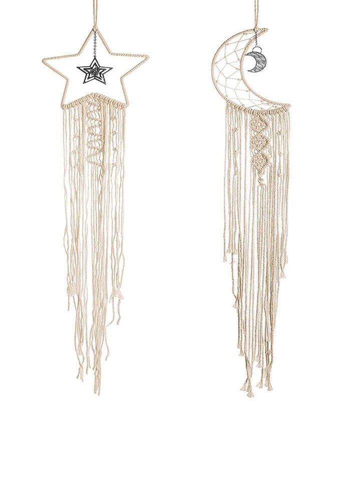 2pcs/ Set Star and Moon Macrame Wall Hanging Decor Handmade Woven Tapestry Tassel Wall Hanging Ornaments Boho Wall Hanging Apartment Room Home Office Room Gallery Decoration - Image 1