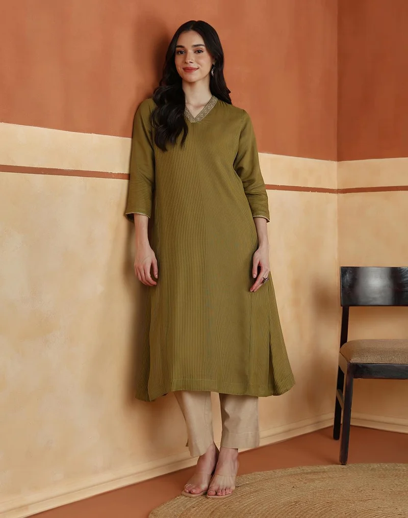 Lime Cotton Silk Embroidered Slim Fit Long Kurta