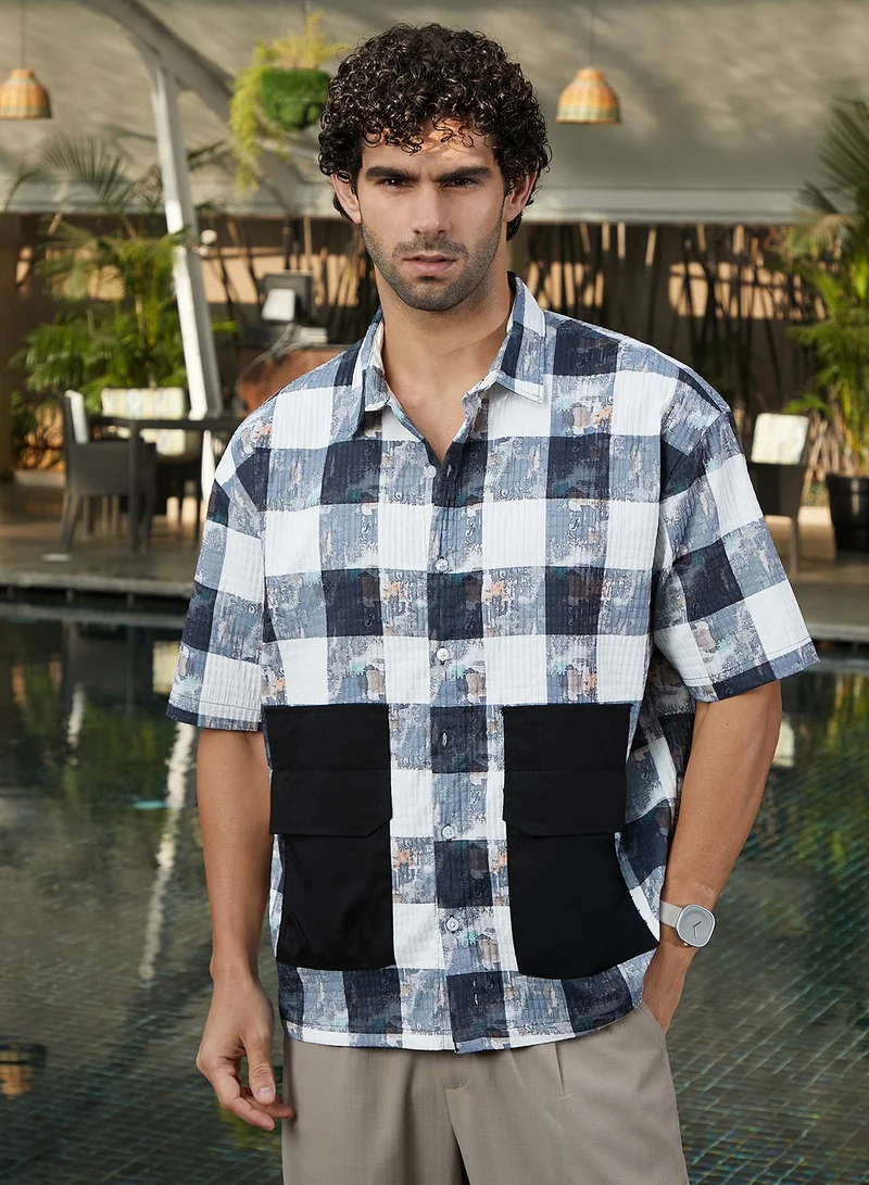 Campus Sutra Men's Blue Stained-Buffalo Utility Oversized Shirt For Casual Wear | Spread Collar | Short Regular Sleeves | Button Closure | Oversized Shirt Crafted With Comfort Fit For Everyday Wear