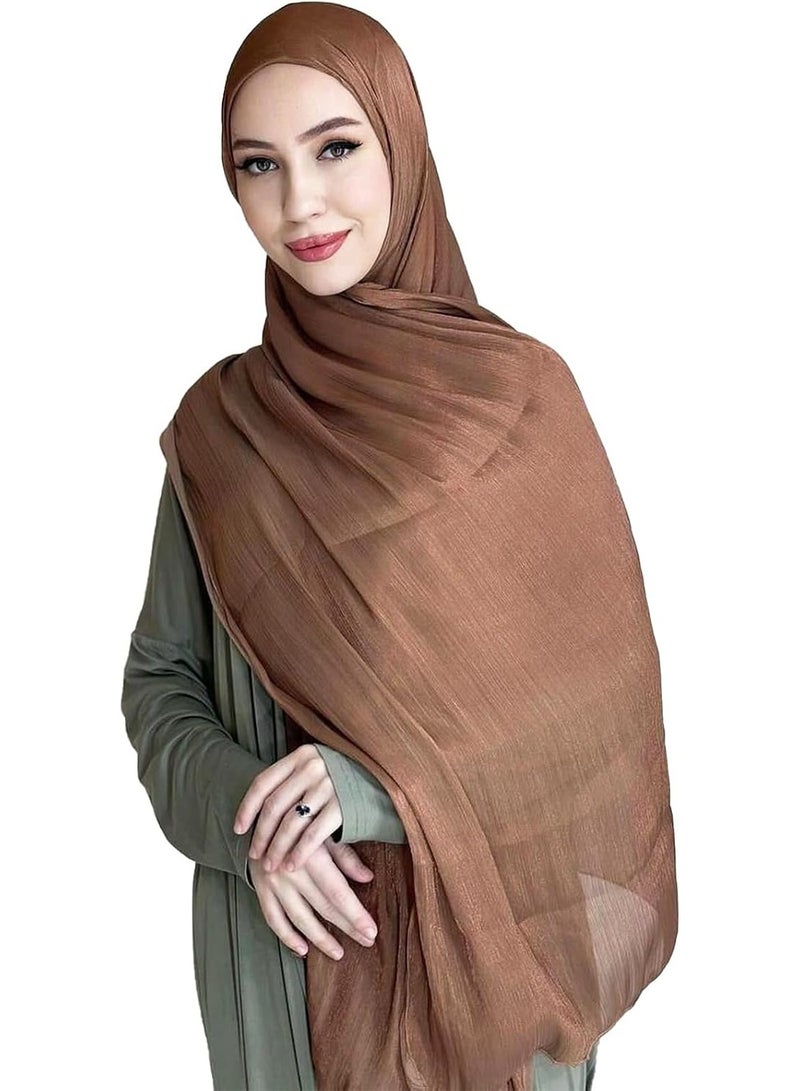 Brown Shiny Gloss Chiffon Hijab Scarf 180*70cm, Women Elegant Lightweight Wedding Shawl Wrap Cape - Image 3