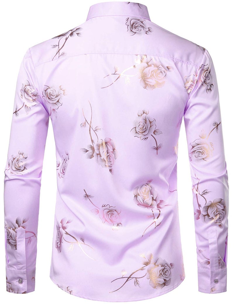 ZEROYAA Mens Hipster 3D Rose Deign Slim Fit Long Sleeve Button Up Dress Shirts ZZCL22 Lavender Large - Image 2