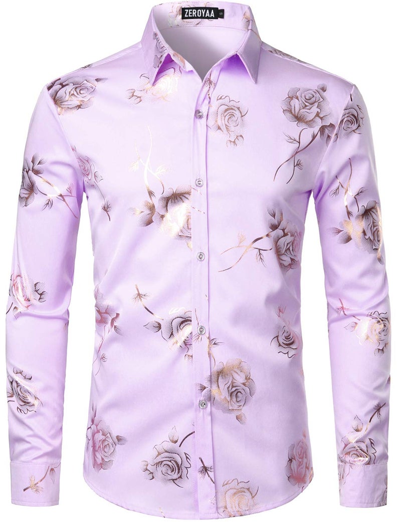 ZEROYAA Mens Hipster 3D Rose Deign Slim Fit Long Sleeve Button Up Dress Shirts ZZCL22 Lavender Large - Image 1