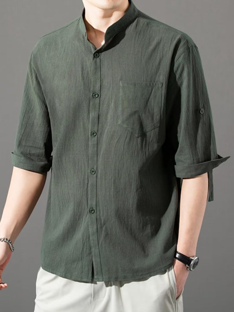 Summer Short-Sleeved Cotton And Linen Shirt Three-Quarter Sleeve Pure Color Loose Casual Breathable Tang Suit Chinese Style Versatile Shirt T-Shirt - Image 4