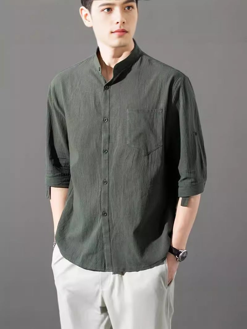 Summer Short-Sleeved Cotton And Linen Shirt Three-Quarter Sleeve Pure Color Loose Casual Breathable Tang Suit Chinese Style Versatile Shirt T-Shirt - Image 2