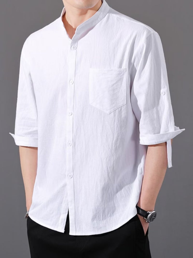 Summer Short-Sleeved Cotton And Linen Shirt Three-Quarter Sleeve Pure Color Loose Casual Breathable Tang Suit Chinese Style Versatile Shirt T-Shirt - Image 3