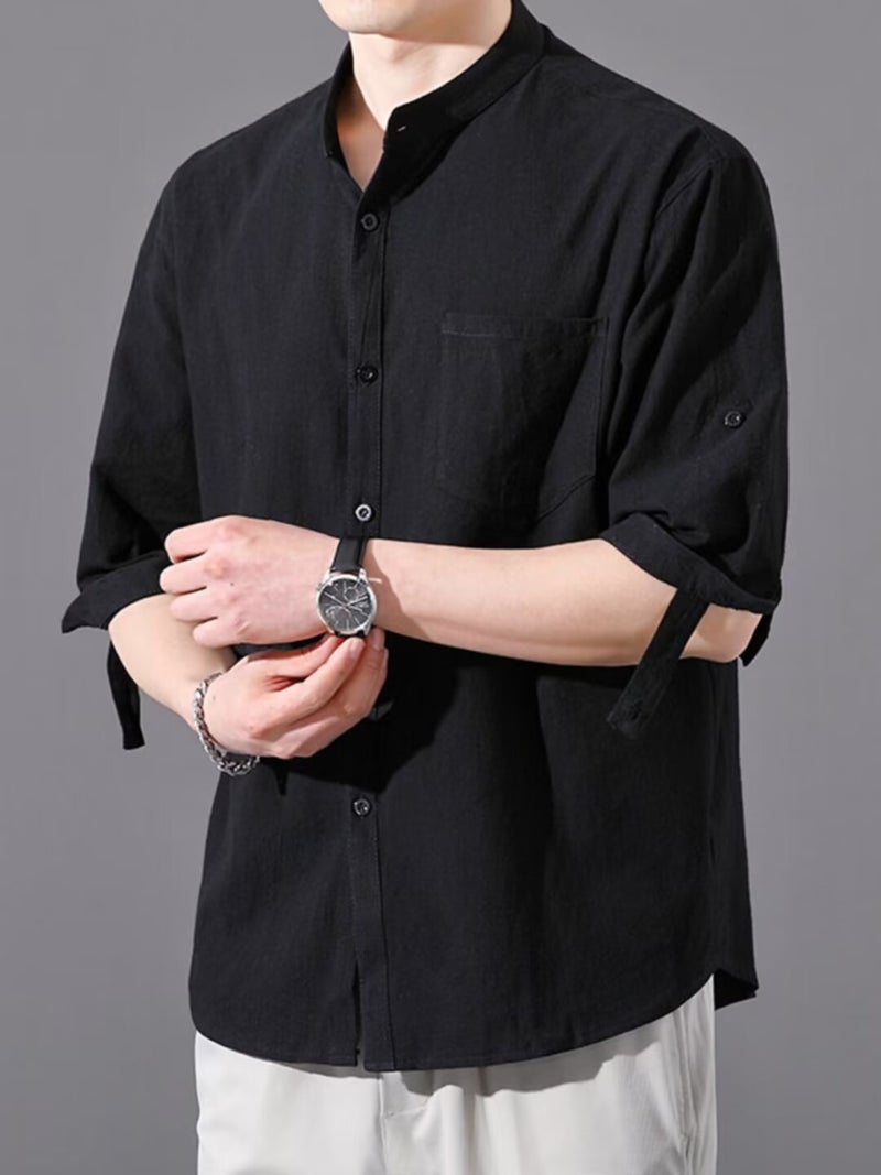 Summer Short-Sleeved Cotton And Linen Shirt Three-Quarter Sleeve Pure Color Loose Casual Breathable Tang Suit Chinese Style Versatile Shirt T-Shirt - Image 5