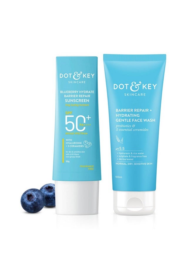 Dot & Key Dot & Key Barrier Repair + Hydrating Gentle Face Wash 100ml & Dot & Key Blueberry Hydrate Barrier Repair Sunscreen SPF 50+ PA++++ 50g | Skin Care Combo | For Dry & Sensitive Skin | For Women & Men  - Image 1