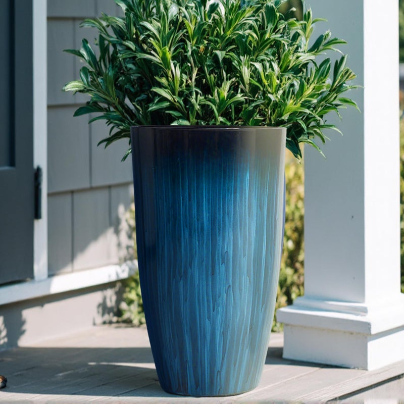 Worth Garden 20" H. Large Plastic Planters - Set of 2 Gradient Blue Glossy Smooth Finish - Tall Plant Pots for Indoor & Outdoor Use - Decorative Lightweight Flower Pots for Front Porch, Patio, Deck - Image 3