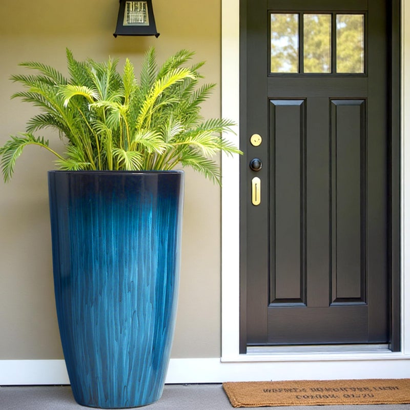 Worth Garden 20" H. Large Plastic Planters - Set of 2 Gradient Blue Glossy Smooth Finish - Tall Plant Pots for Indoor & Outdoor Use - Decorative Lightweight Flower Pots for Front Porch, Patio, Deck - Image 2