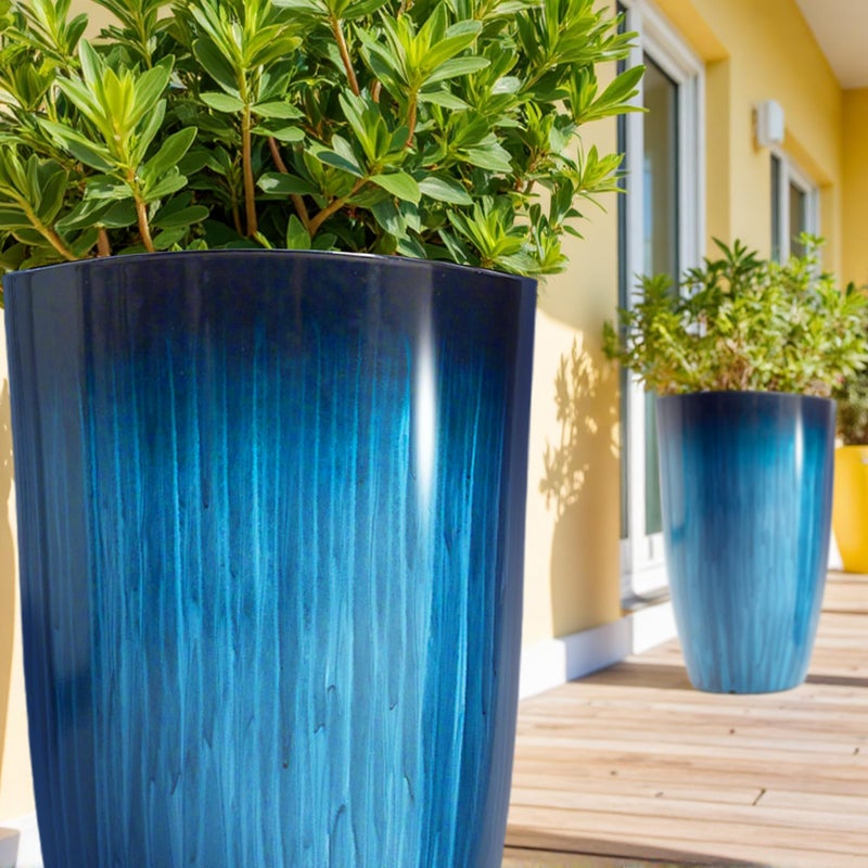 Worth Garden 20" H. Large Plastic Planters - Set of 2 Gradient Blue Glossy Smooth Finish - Tall Plant Pots for Indoor & Outdoor Use - Decorative Lightweight Flower Pots for Front Porch, Patio, Deck - Image 5