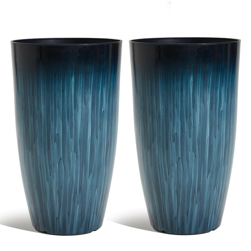 Worth Garden 20" H. Large Plastic Planters - Set of 2 Gradient Blue Glossy Smooth Finish - Tall Plant Pots for Indoor & Outdoor Use - Decorative Lightweight Flower Pots for Front Porch, Patio, Deck - Image 1
