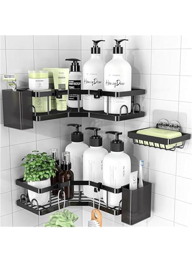 HOOKOR Corner Shower Caddy 3 Pack,Bathroom Storage No Drilling,shower storage with Soap Holder&Hooks&Toothpaste Holders,Bathroom or Kitchen,Rustproof Stainless Steel bathroom accessories (Black) - Image 1