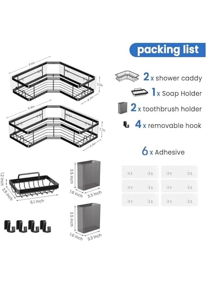 HOOKOR Corner Shower Caddy 3 Pack,Bathroom Storage No Drilling,shower storage with Soap Holder&Hooks&Toothpaste Holders,Bathroom or Kitchen,Rustproof Stainless Steel bathroom accessories (Black) - Image 2