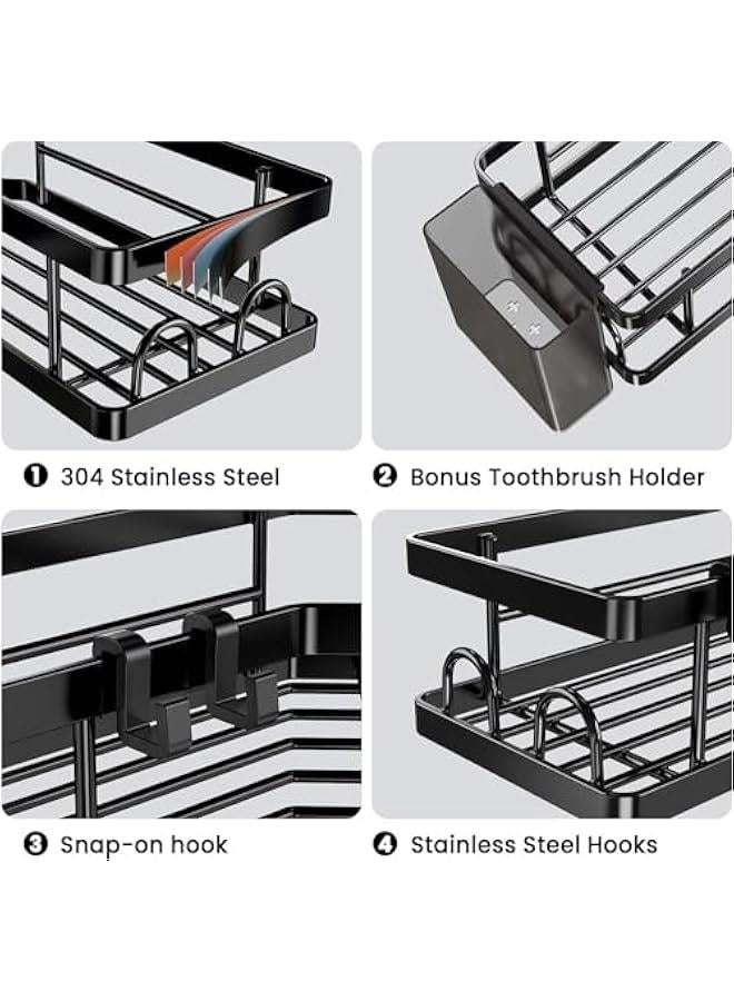 HOOKOR Corner Shower Caddy 3 Pack,Bathroom Storage No Drilling,shower storage with Soap Holder&Hooks&Toothpaste Holders,Bathroom or Kitchen,Rustproof Stainless Steel bathroom accessories (Black) - Image 3
