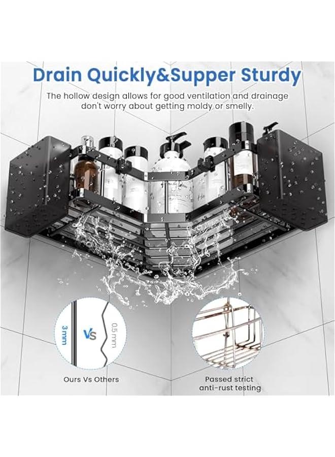 HOOKOR Corner Shower Caddy 3 Pack,Bathroom Storage No Drilling,shower storage with Soap Holder&Hooks&Toothpaste Holders,Bathroom or Kitchen,Rustproof Stainless Steel bathroom accessories (Black) - Image 5