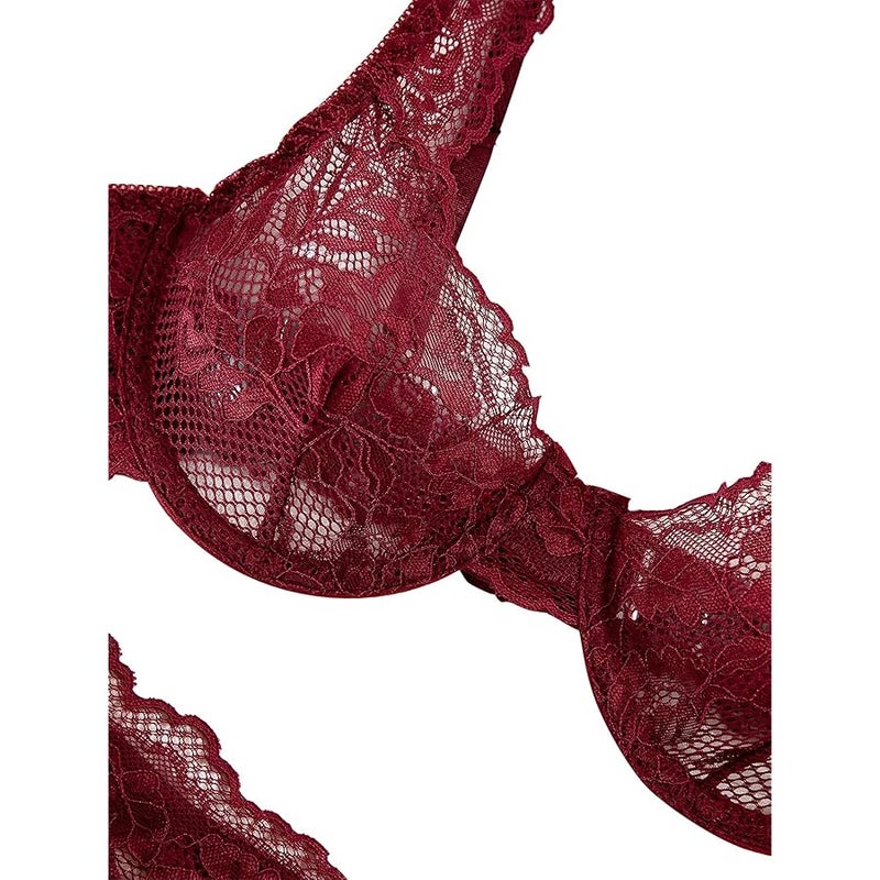 Lilosy Sexy Floral Lace Underwire Push Up Lingerie Set Outfits, Burgundy Red, M - Image 5