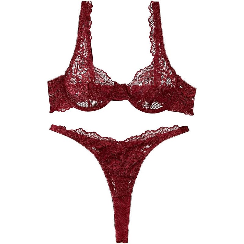 Lilosy Sexy Floral Lace Underwire Push Up Lingerie Set Outfits, Burgundy Red, M - Image 3