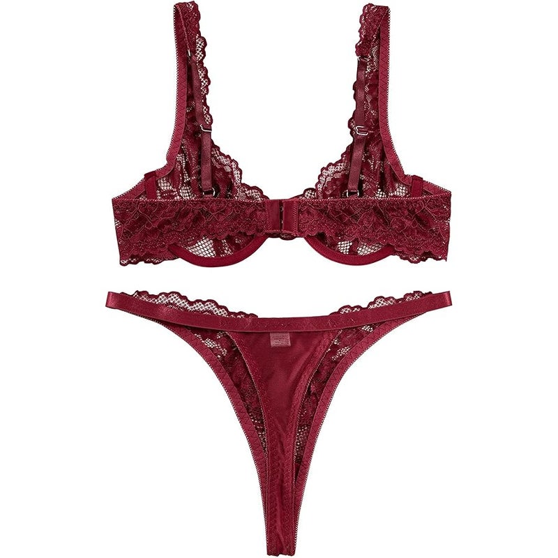 Lilosy Sexy Floral Lace Underwire Push Up Lingerie Set Outfits, Burgundy Red, M - Image 4
