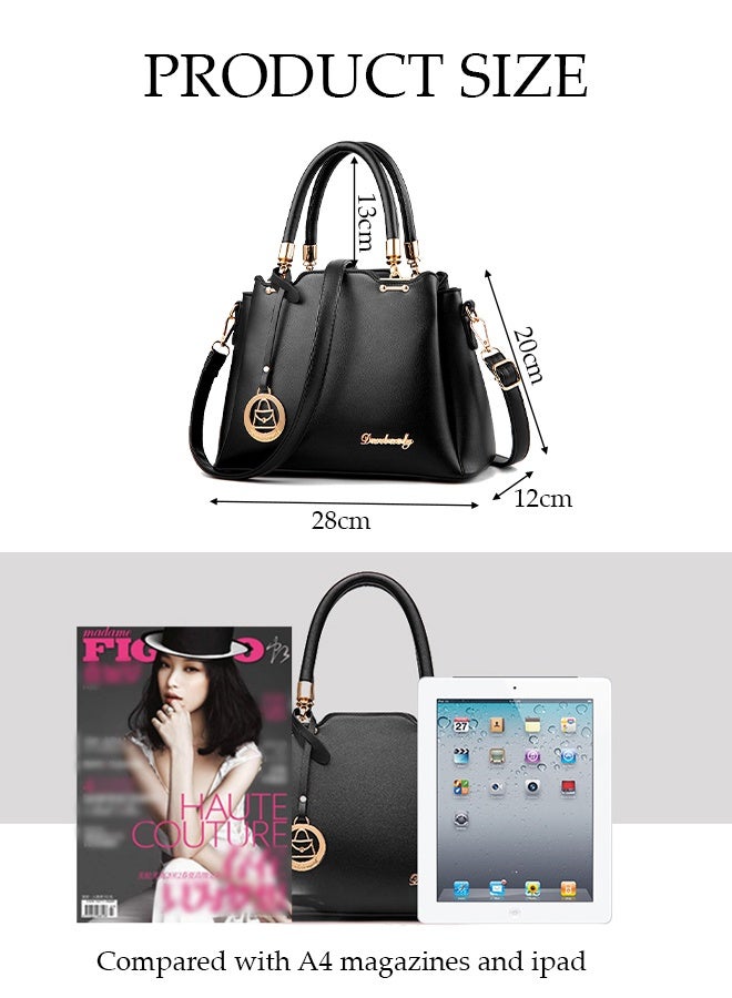 DUNISO Women's Shoulder Bag, Soft Leather Messenger Bag, Simple And Fashionable Handbag, Bucket Bag With Pendant, Adjustable Shoulder Strap, Suitable For Commuting, Travel, Shopping, Storage And Organization, Black - Image 2